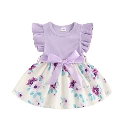 Infant Baby Girl Ribbed Knit Floral Summer Dress Ruffle Sleeve Belt Casual Birthday Wedding Princess Dress