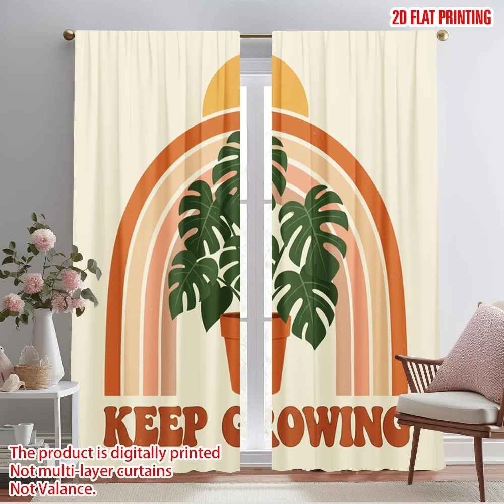 

2pcs 2D flat printing Window Curtains Monstera Rainbow Keep Growing Polyester Without Electricity Festive Wall Decor for Photo