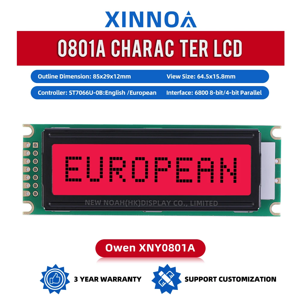 European Red Light Black Letters 0801A Character LCD Display Screen 1X8 0801 8X1 Support Customization Of 6800 8-Bit Parallel