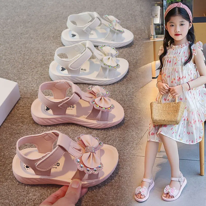 

Adorable Elegant Girls Summer Casual Sandals Soft Soled Princess Style Kids Shoes Comfort Breath Anti Slip Magic Strap Closure