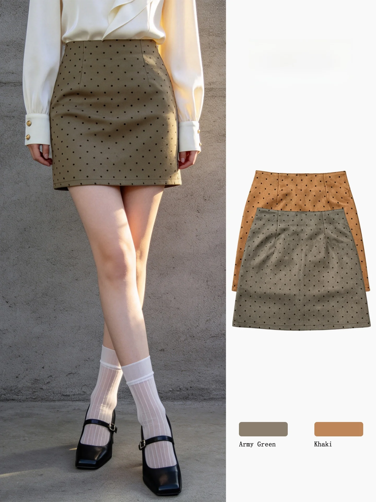 Polka Dot Print Suit Short Skirt Women's High Waist plus Size A-Line  Skirt Commute Slimming Polyester Fiber Zipper Closure