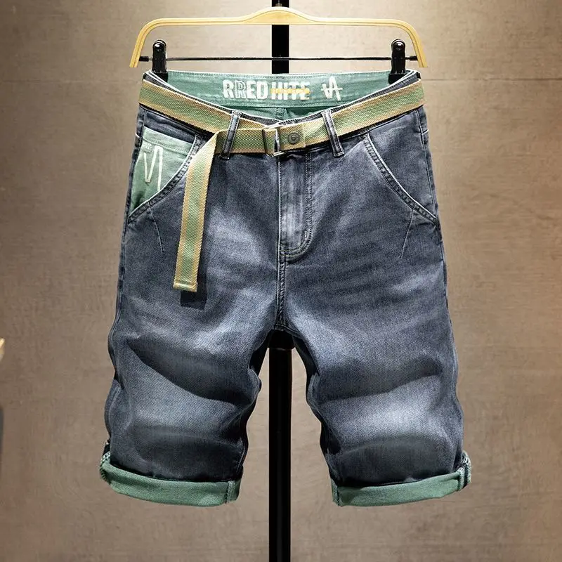 

Thin 2025 Denim Shorts Men's Five-point Pants Elastic Medium Pants Casual Youth 5-point Blue Diagonal Bag Men's Shorts Summer