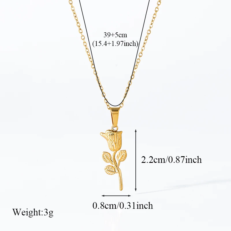 GANEMLY 316L Stainless Steel Gold Color Rose Flower Necklace Earrings Set For Women Girl Fashion Waterproof Jewelry Set Gift