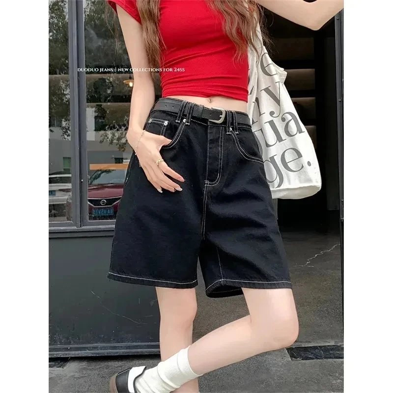 Shorts en jean taille haute coupe droite pour femme, nouveau style été, amincissant, noir, coupe ample mi-longue style Y2K