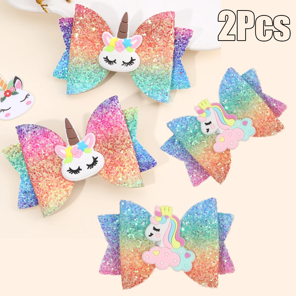

2Pcs Cartoon Unicorn Bow Hair Clips Mermaid Gradient Colour Glitter Sequin Barrette For Girls Children Headdress Accessories