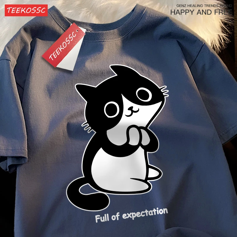 Full Of Expection Cats Printing T-Shirt Men Sport Summer Short Sleeve Casual Loose Sportswear Cotton Unisex Comfortable Tee