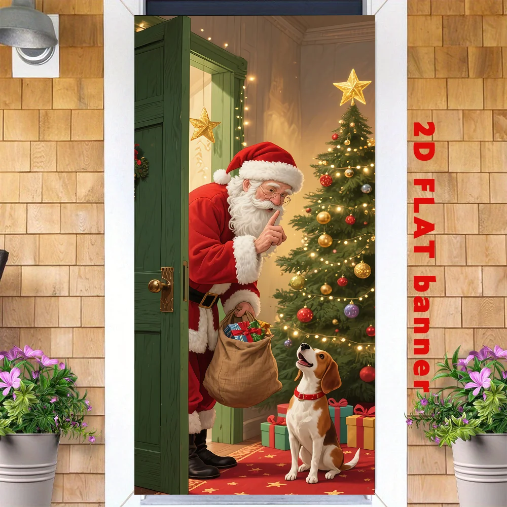 لافتة قماشية مسطحة ثنائية الأبعاد، لافتة قماشية للحفلات سانتا كلوز هادئة وسأل الجرو أن تكون هادئة ولا لحاء