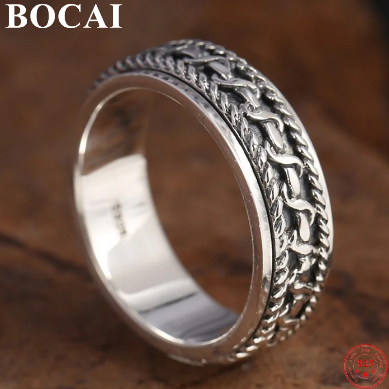 BOCAI Real Sterling  Silver S925 Rings New Fashion Thai Silver Personality Rotatable Weaven Pattern Jewelry for Men Women