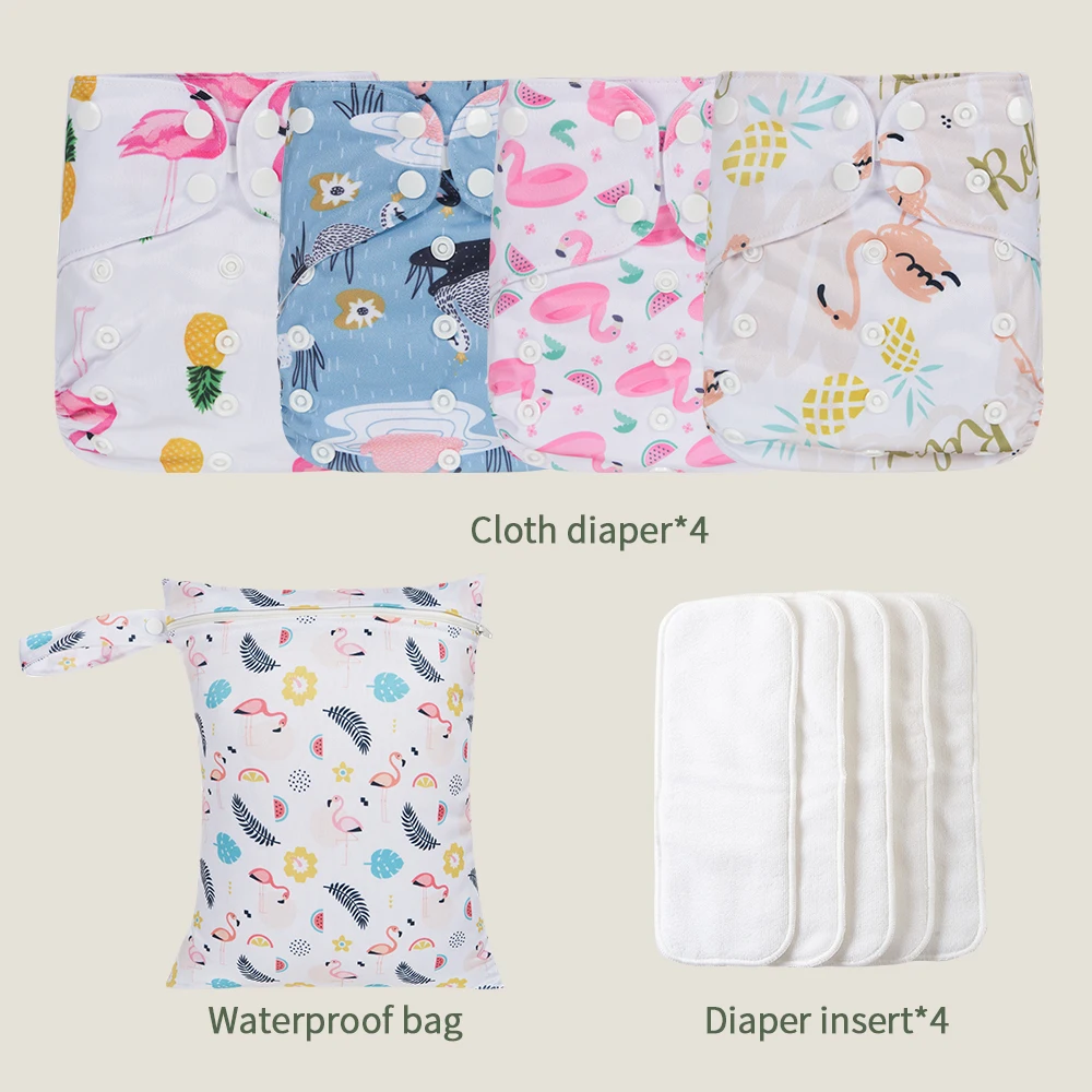 

HappyFlute 4Piece Waterproof Pocket Cloth Diaper Suit With 4Insert&Wet Bag Newborn Cover Baby Pants Gift Bag