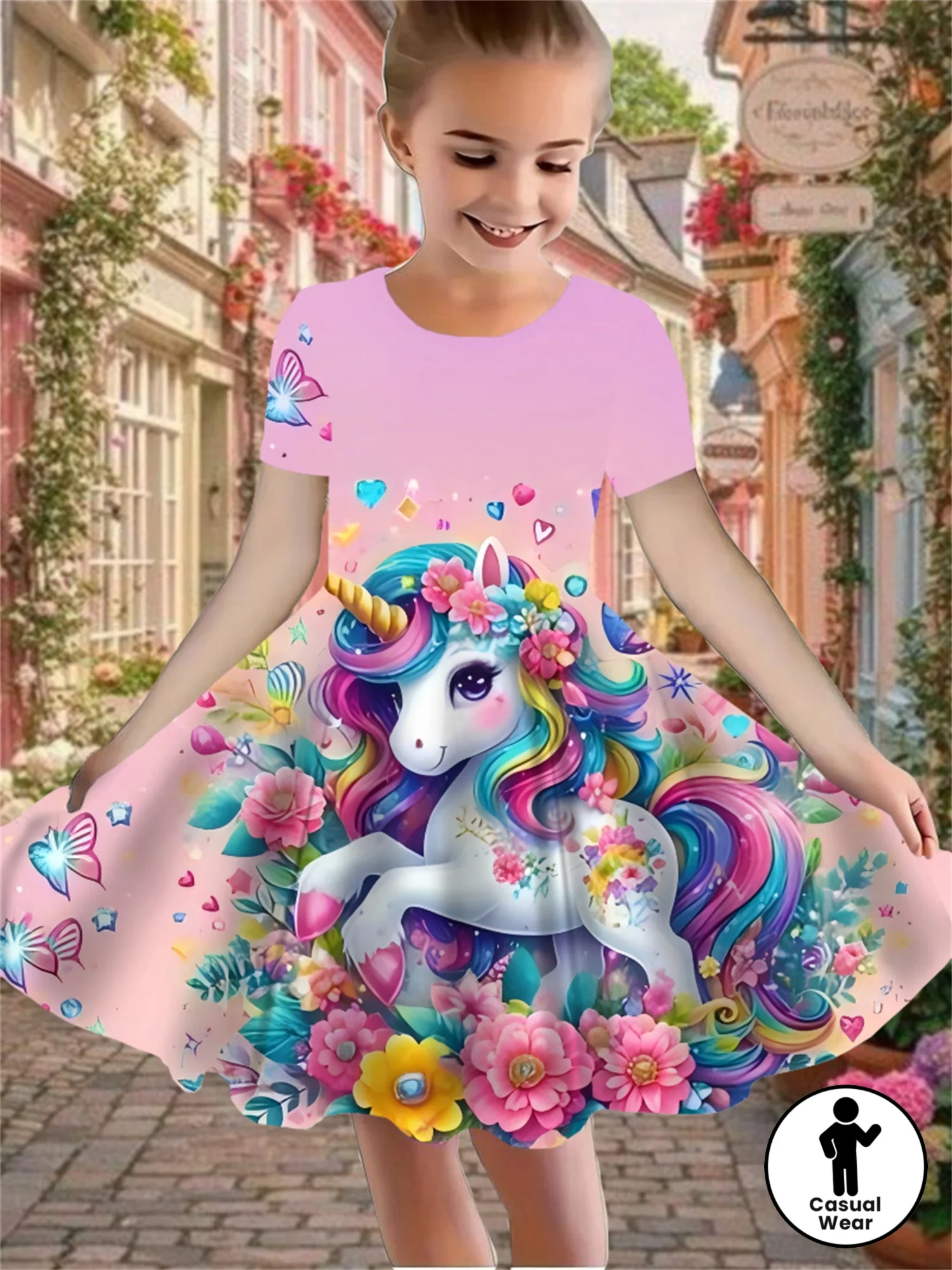 Summer Girls' 3D Unicorn Pattern Pink Short Sleeve Dress, Elegant Princess Dress, Casual Party Outfit, Essential for Girls