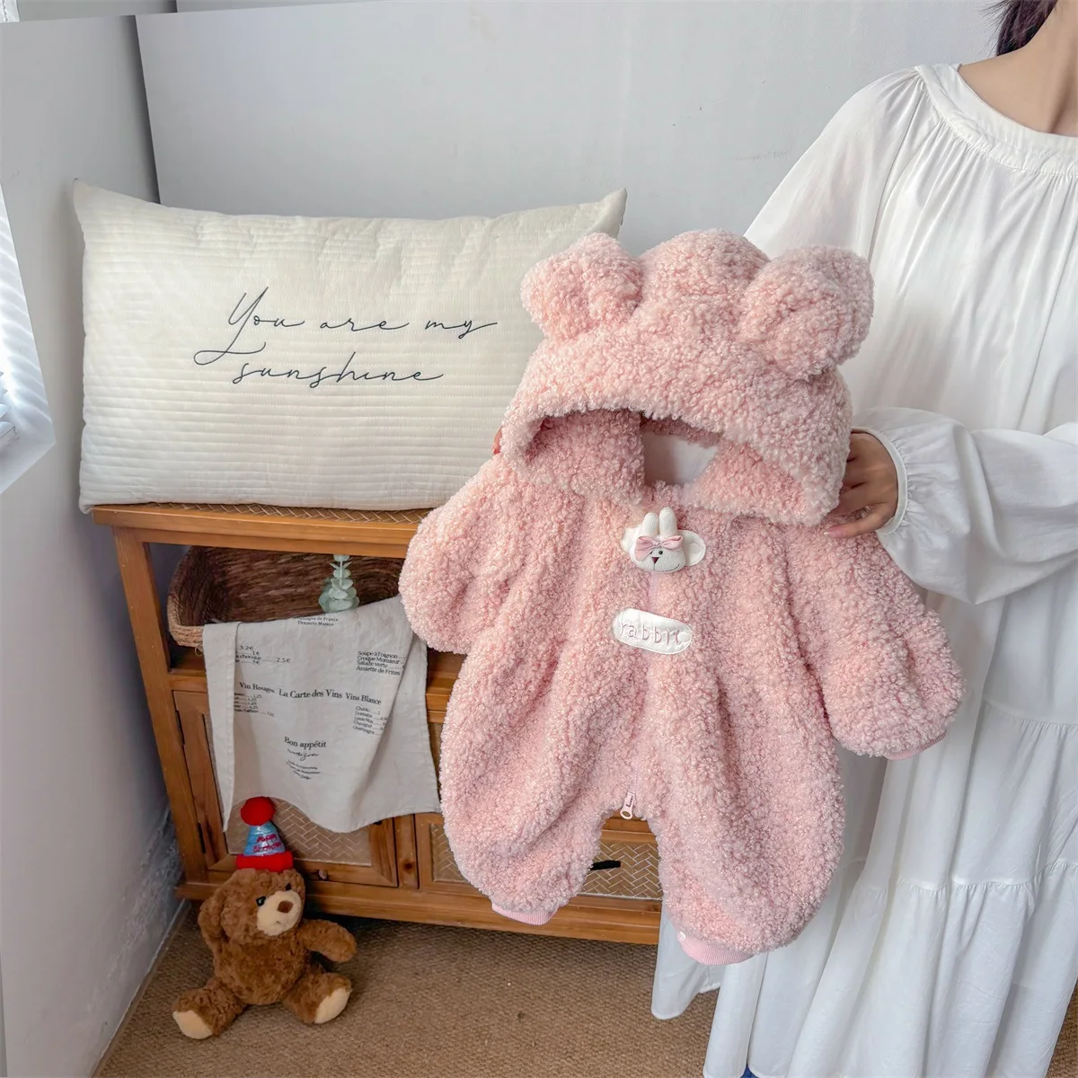 

Toddler Kid Girls Romper New Winter Rabbit Embroidery Hooded Thick Warm Infant Baby Girls Overalls Plush Newborn Girls Bodysuits