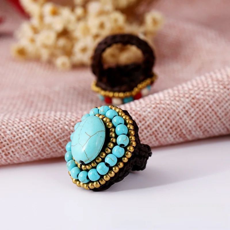 

Кольцо ручной работы из меди с бусинами и камнями, женское модное украшение в этническом стиле, ретро-богемное кольцо, эластичное кольцо на палец