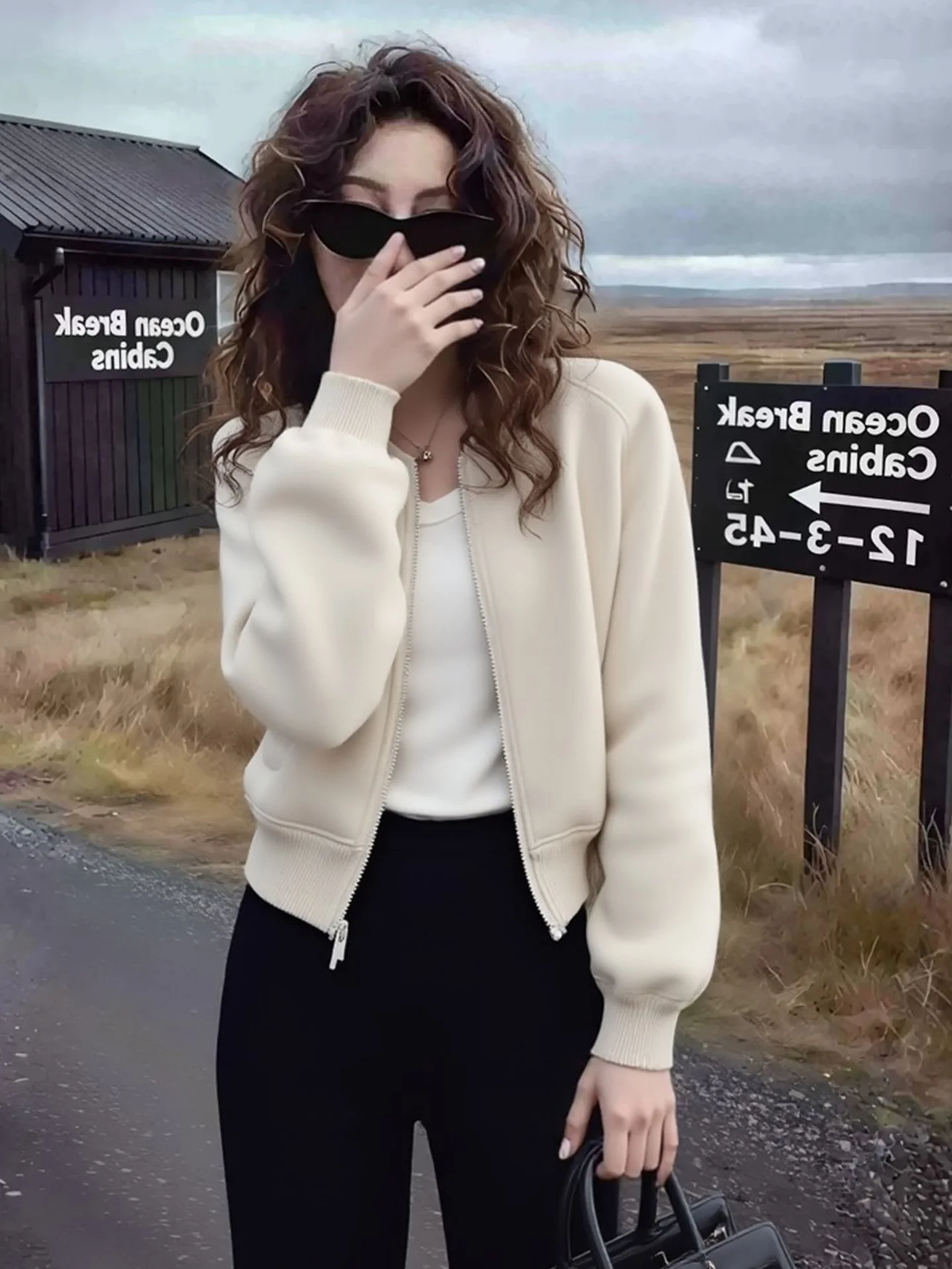Zippered Versatile Sweatshirt Cardigan Loose Commute Thick Long Sleeve Base Layer Shirt Simple  Color Early Autumn Women...