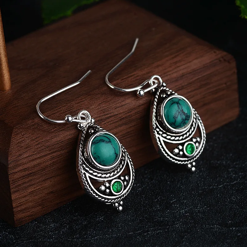 WOSIKATE Vintage Turquoise Drop Earrings For Women 925 Thai Silver Fashion Jewellery Ear Hooks Anniversary Gifts Wholesale