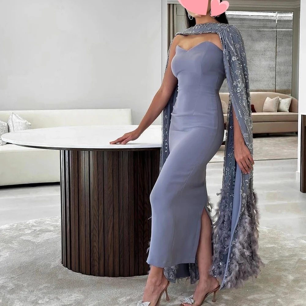 

Customize Formal High quality Retro Jersey Feather Applique Sheath Sweetheart Midi Dresses Evening Dresses Matching Elegant