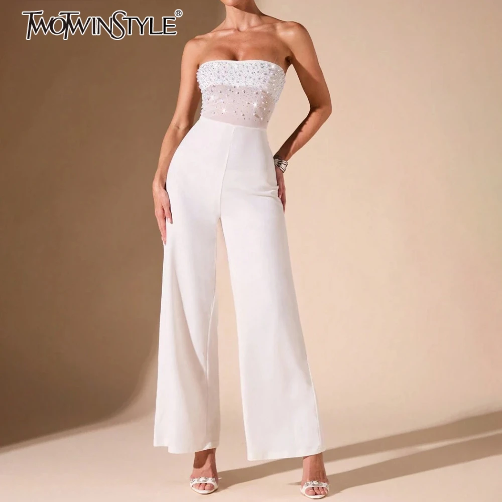 

TWOTWINSTYLE Solid Slimming Fashion Jumpsuits for Women Strapless Sleeveless Patchwork Bead Tempreament Jumpsuit Female Clothing