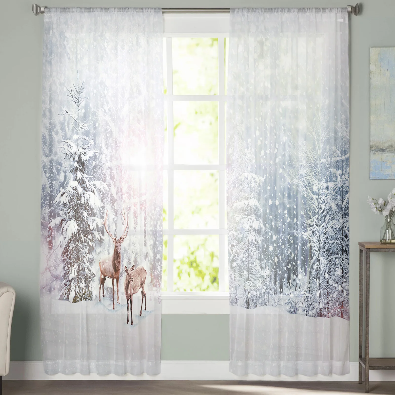 Snowing Winter Elk Christmas Tulle Curtains for Living Room Decoration Bedroom Sheer Curtains Room Kitchen Window Treatment