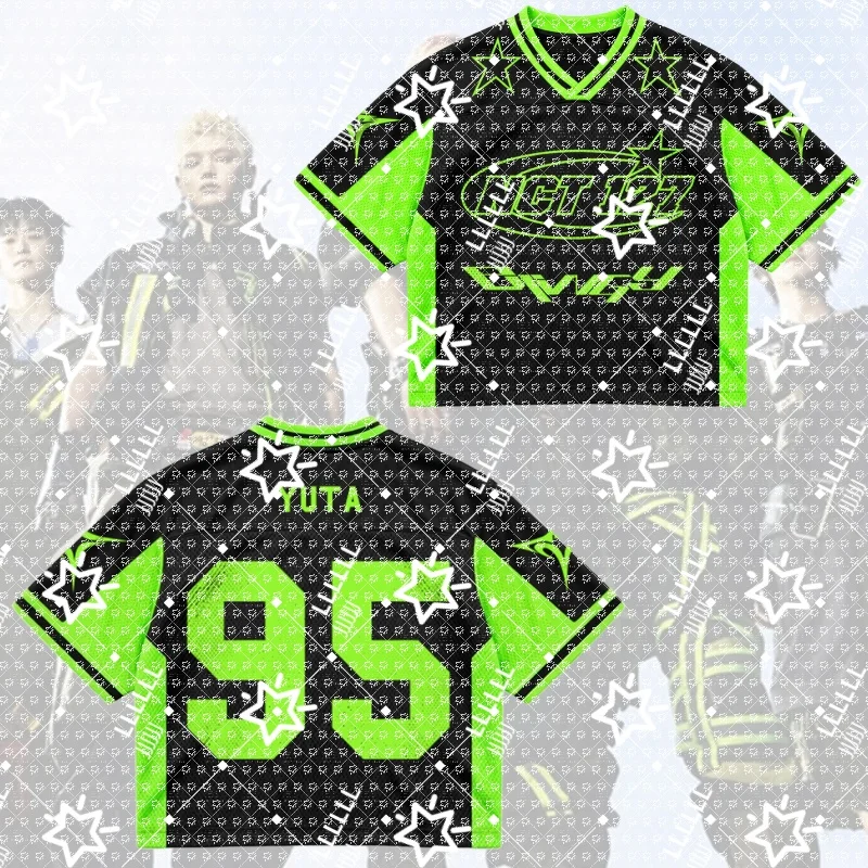 Women K-Pop Cropped Mesh Football Jersey Black Neon Green Star Print Number 95 V-Neck Short Sleeve Crop Top Streetwear
