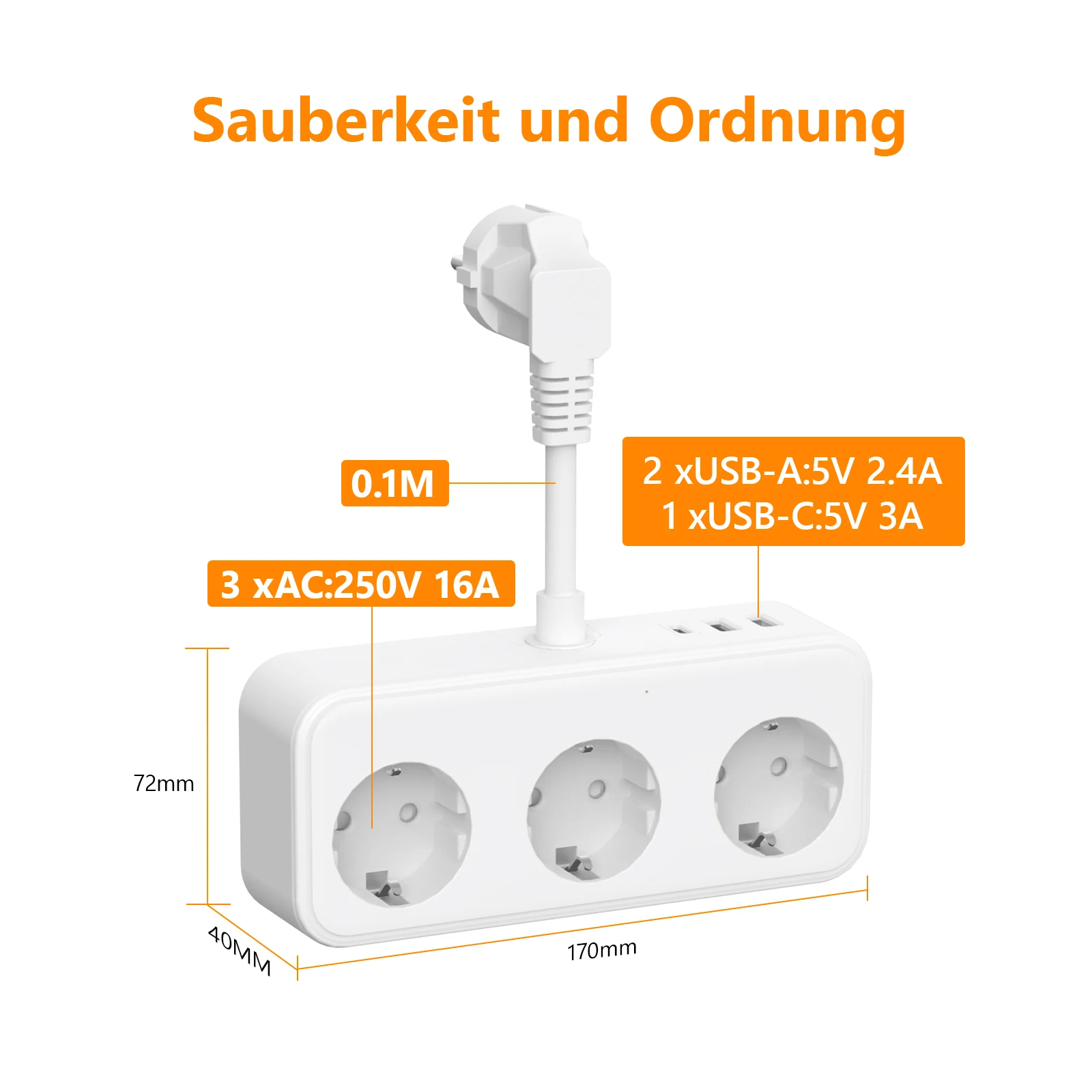 3840W EU Plug Power Strip with 3 USB and 3 AC Outlets 0.5M Fast Charge Electrical Socket Extension Cable Surge Protector On Home