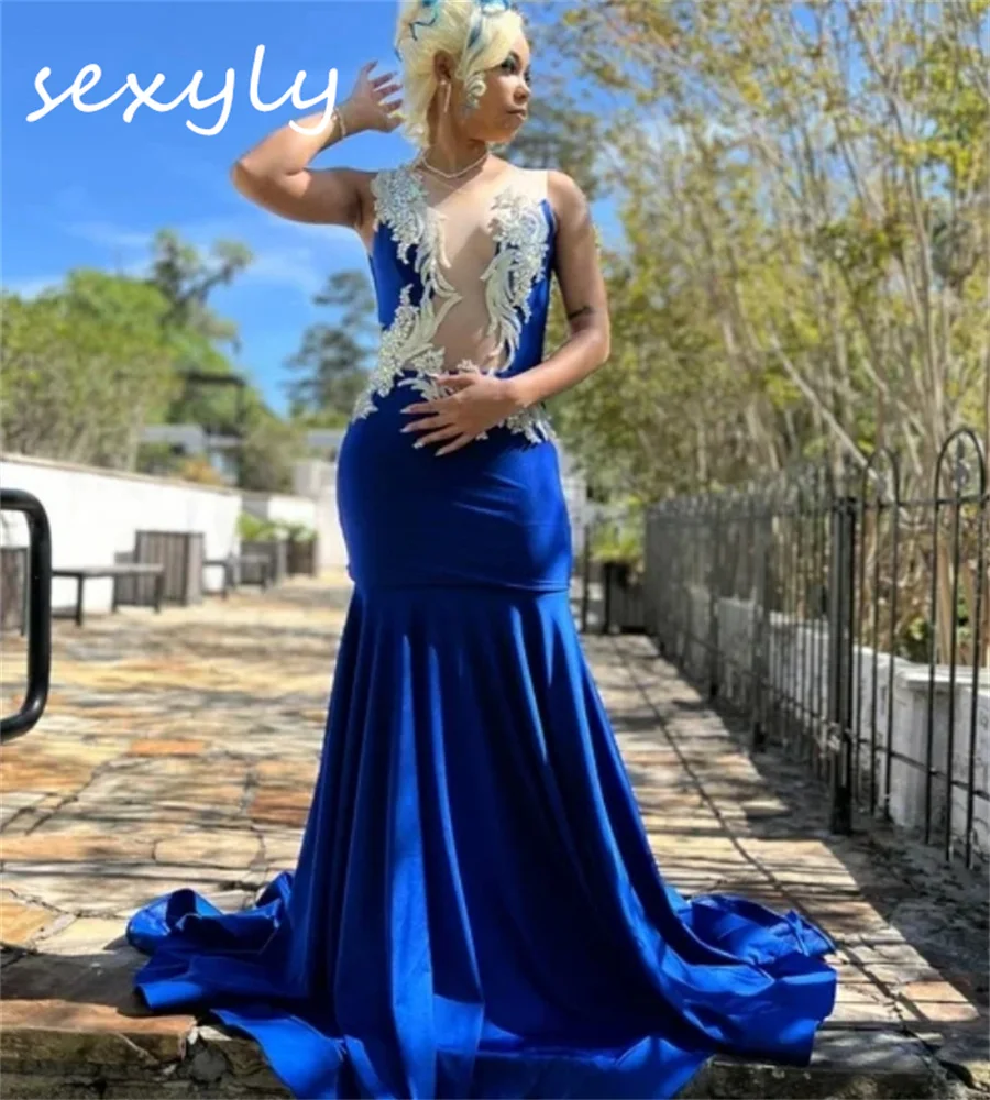 Increíble vestido de noche de sirena azul transparente vestido de fiesta negro para niñas cuello redondo sin mangas espalda abierta cumpleaños Formal personalizado