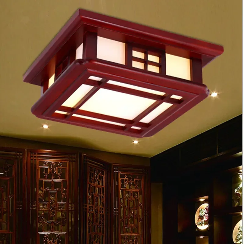 

Chinese style antique solid wood red frame ceiling lights Rural nostalgic minimalist acryl shade Led lamp for parlor&bedroom