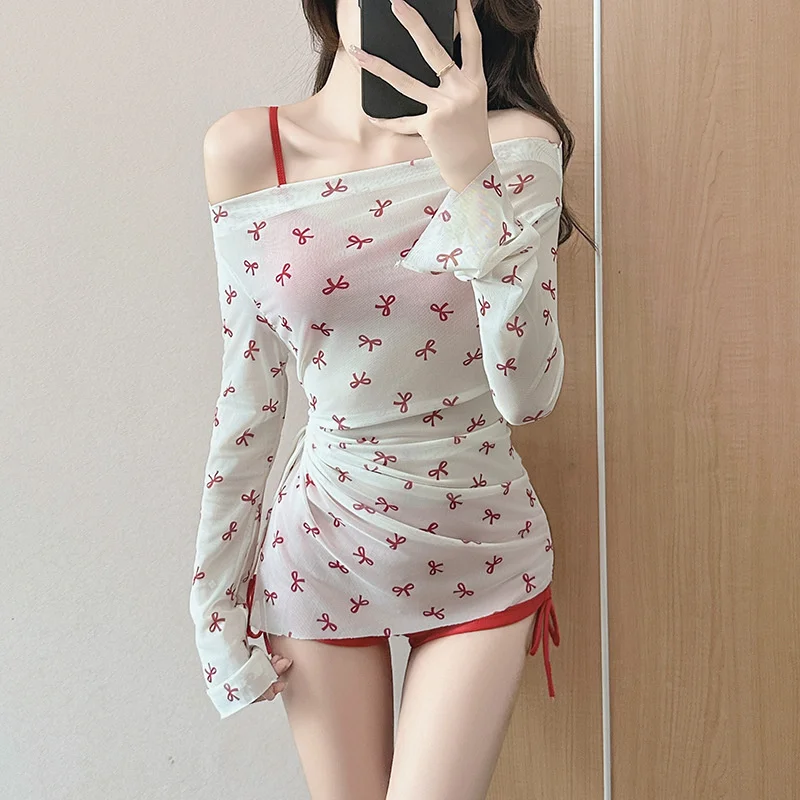 3 قطعة/المجموعة 2025 الصيف بيكيني ملابس السباحة للنساء مثير بيكيني طويلة الأكمام الشمس واقية أعلى القوس ملابس الشاطئ عطلة زي