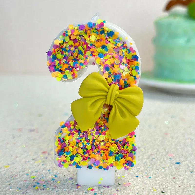 Glitter Yellow Bow Candle Decor Princess1 2 3  4 5 6 7 8 9 Girl Happy Birthday Wedding Party Cake Topper Dessert Baking Supplies