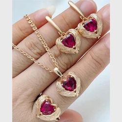 Kinel Shiny Red Natural Zircon Jewelry Set for Woman Fashion 585 Rose Gold Color Ring Earrings Necklace Vintage Wedding Jewelry