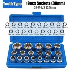 M8-M32 19Pcs 12 Point Torx Sockets Wrench Set Crv Hex Torx Splined Bit Socket Sets Hex Repair Tool Kit Lock Socket