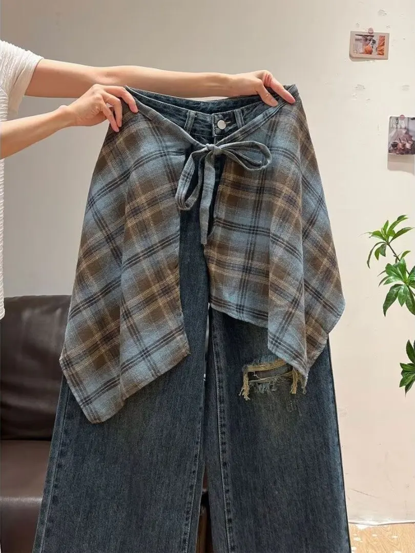 Retro American Wide Leg Denim Jeans Women's Autumn Layered Skirt Pants Straight Tube Floor-Length Pants Natural Waist Washed