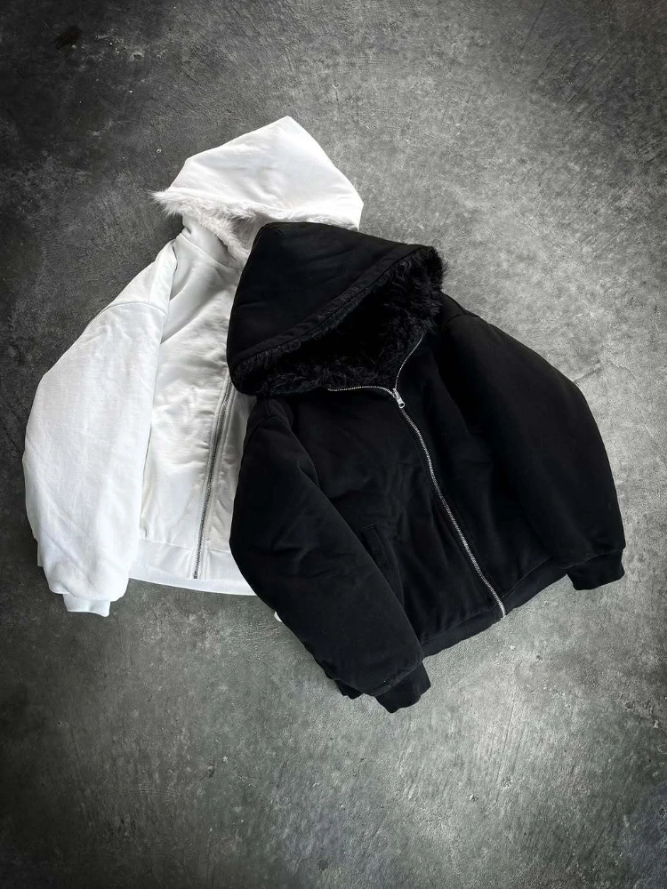 

2025 Autumn/Winter Men's Black and White Solid Color Double sided Zipper Harajuku Hoodie Loose Warm Top Y2k Clothing