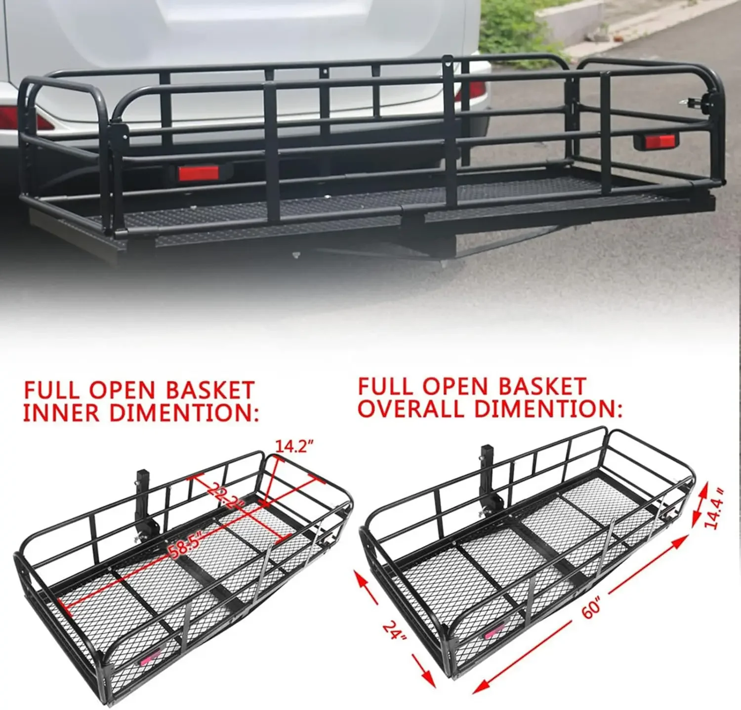 Pembawa kargo dudukan Hitch tugas berat 60 "x 24" x 14.4 "rak kargo lipat keranjang bagasi belakang cocok penerima 2" untuk mobil S