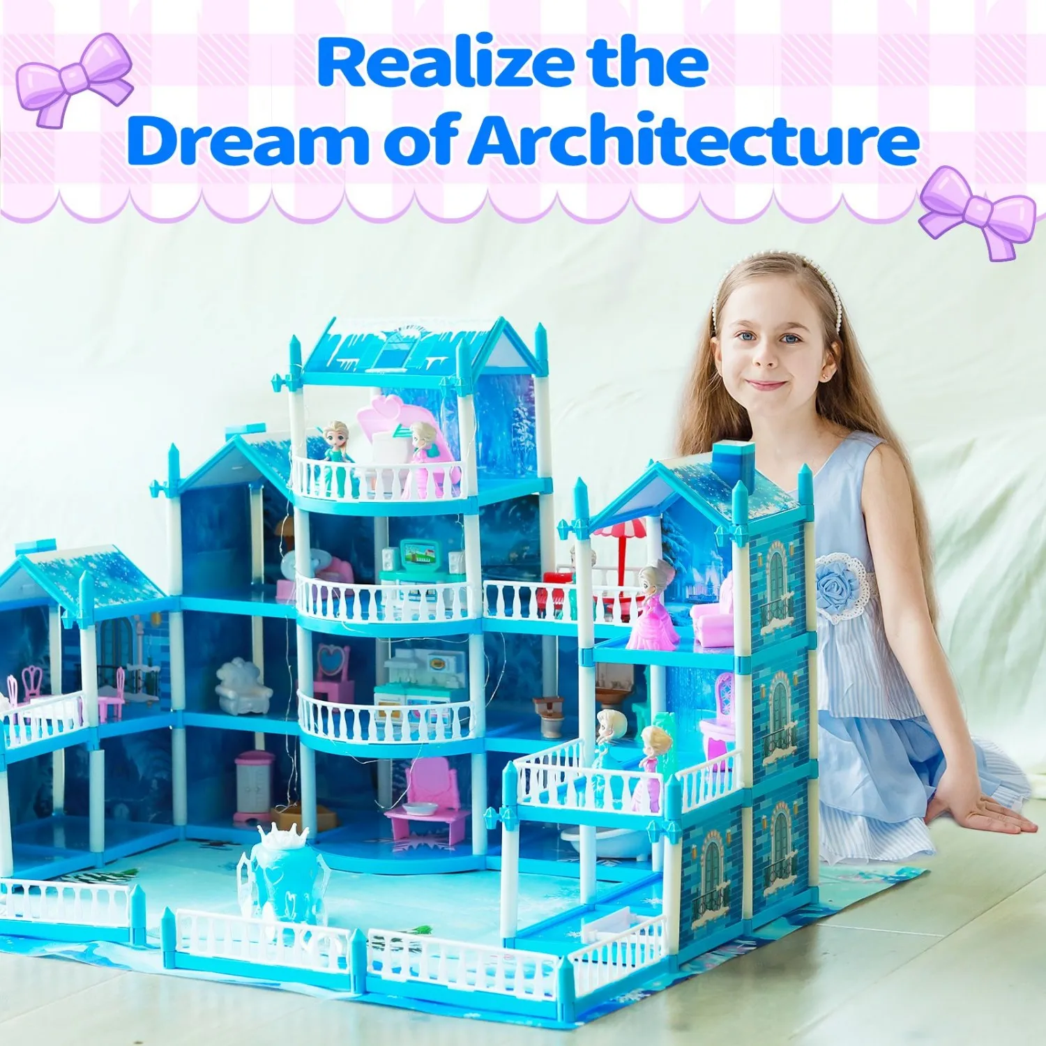 Casa de muñecas de princesa azul para niños, juego portátil de 16 habitaciones con luces, muebles y accesorios, juguete creativo para juegos de rol ​