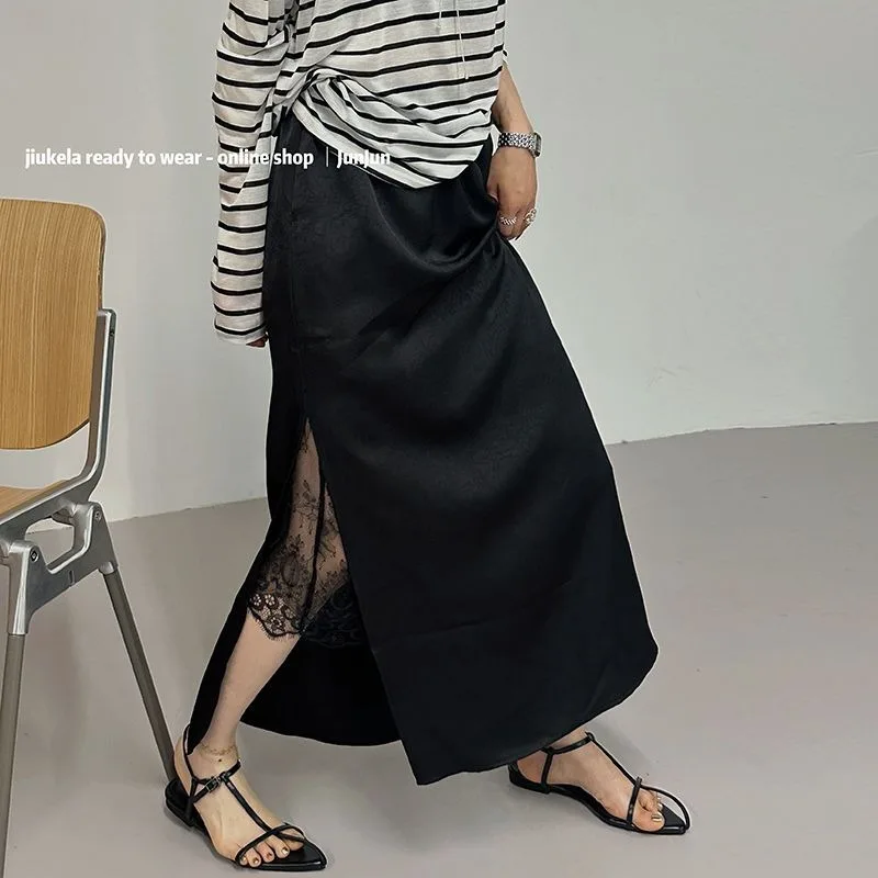 Black Lace Stitching A-line Skirt for Women European Summer New Women's Hip-hugging Skirt