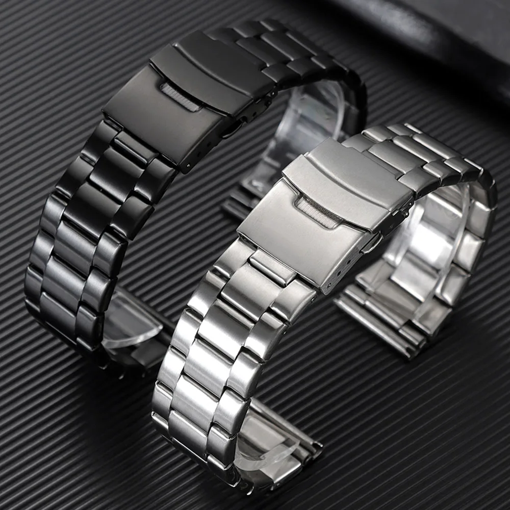 20mm 22mm Metall Uhrenarmband Universal Ersatz Armband Doppeldruck Faltschließe Schwarz Silber mit Werkzeug Uhrenzubehör