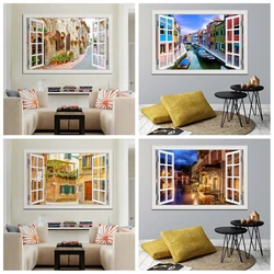 3D Window View Wall Sticker, European Town Street Picture Poster, Landscape Vinyl Decal, Wallpaper for Home Living Room Decor