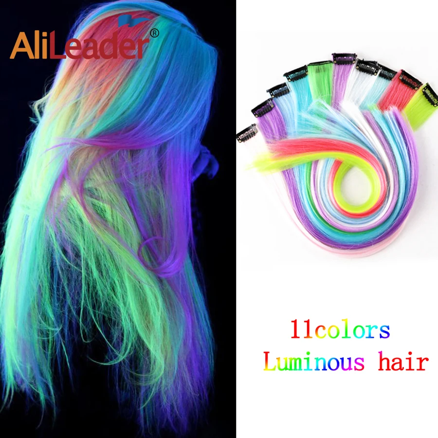 Synthetic Glow In The Dark Hair Extensions Luminous Colored Hairpieces Party Rainbow Hair Clips 20inch Neon Fake Hairpiece