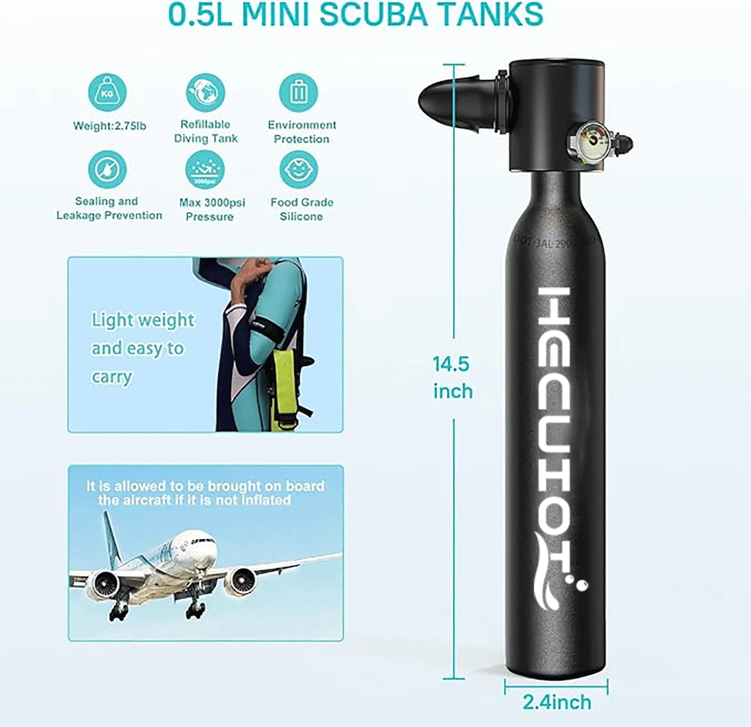 HECUIOI Mini Scuba Tank Diving Equipment 0.5L Outdoor Oxygen Scuba Diving Tank 5-10 Minutes Cylinder Snorkeling Set Hand Pump