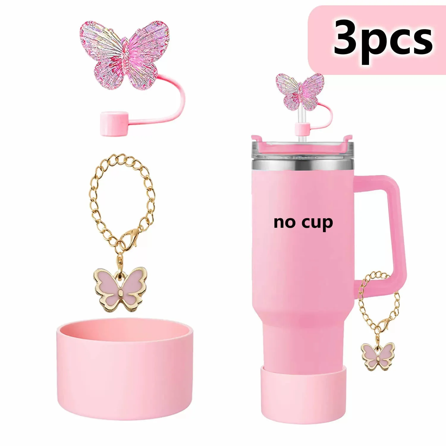 3pcs Cup Accessories Set Straw Cup Cover Boot Silicone Boot Butterfly Charm Chain for Stanley Tumblers Cap Topper Straw Lids
