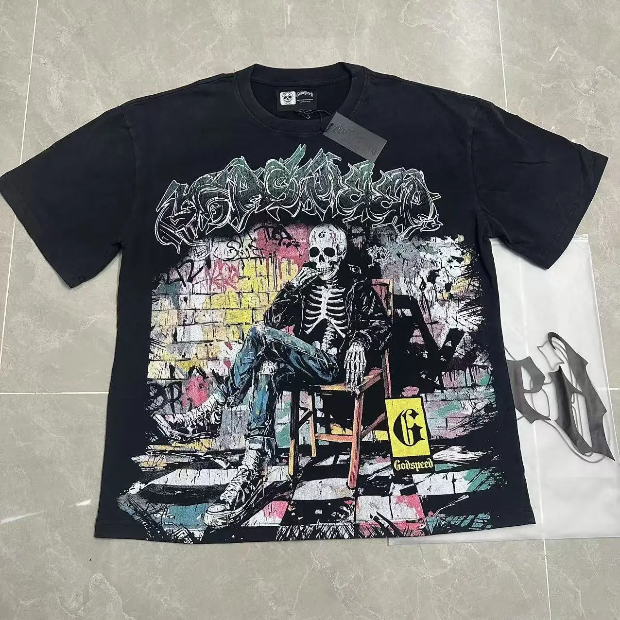 Godspeed Street Graffiti Skeleton Print T-Shirt Vintage Washed Pure Cotton Short Sleeve Youthful Style Unisex round Neck Top