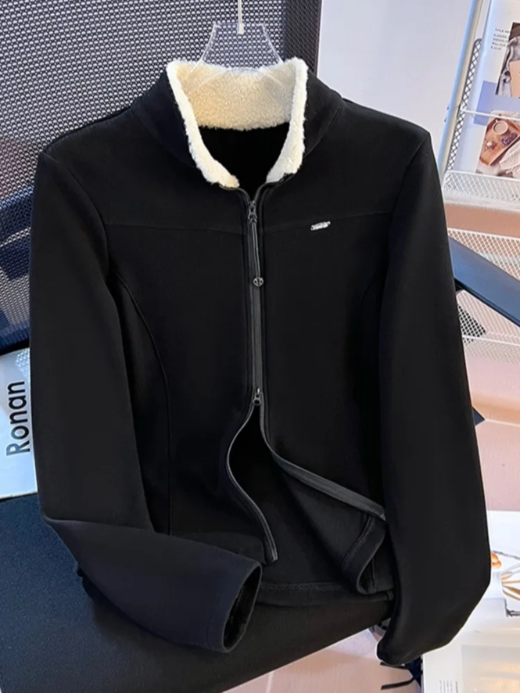 양털 스플라이스 스탠드 칼라 롱 스웨터 여성용 베이스 티셔츠 지퍼 클로저 슬림 핏 한국 스타일 겨울 신상품