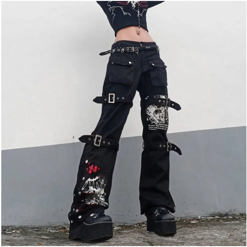 High Street Zipper Lace Jeans Women's Spring 2023 New High Waist Black Straight Loose Multi-pocket Denim Overalls Streetwear