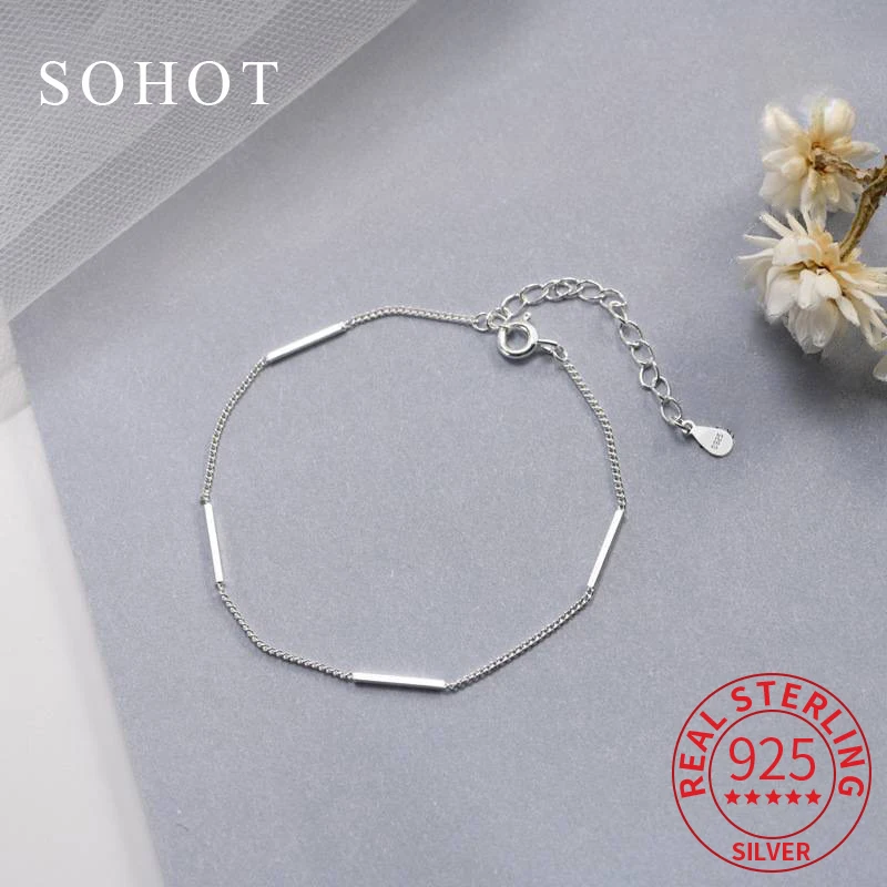 

Real 925 Sterling Silver Geometric Minimalist Charm Bracelet for Women Trendy Ajustable Fine Jewelry Personality Accessories