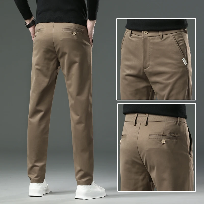 New Casual Pants Men Slim Fashion Business Casual Comfortable Soft High Quality Male Trousers Apricot Dark Gray Black Coffee