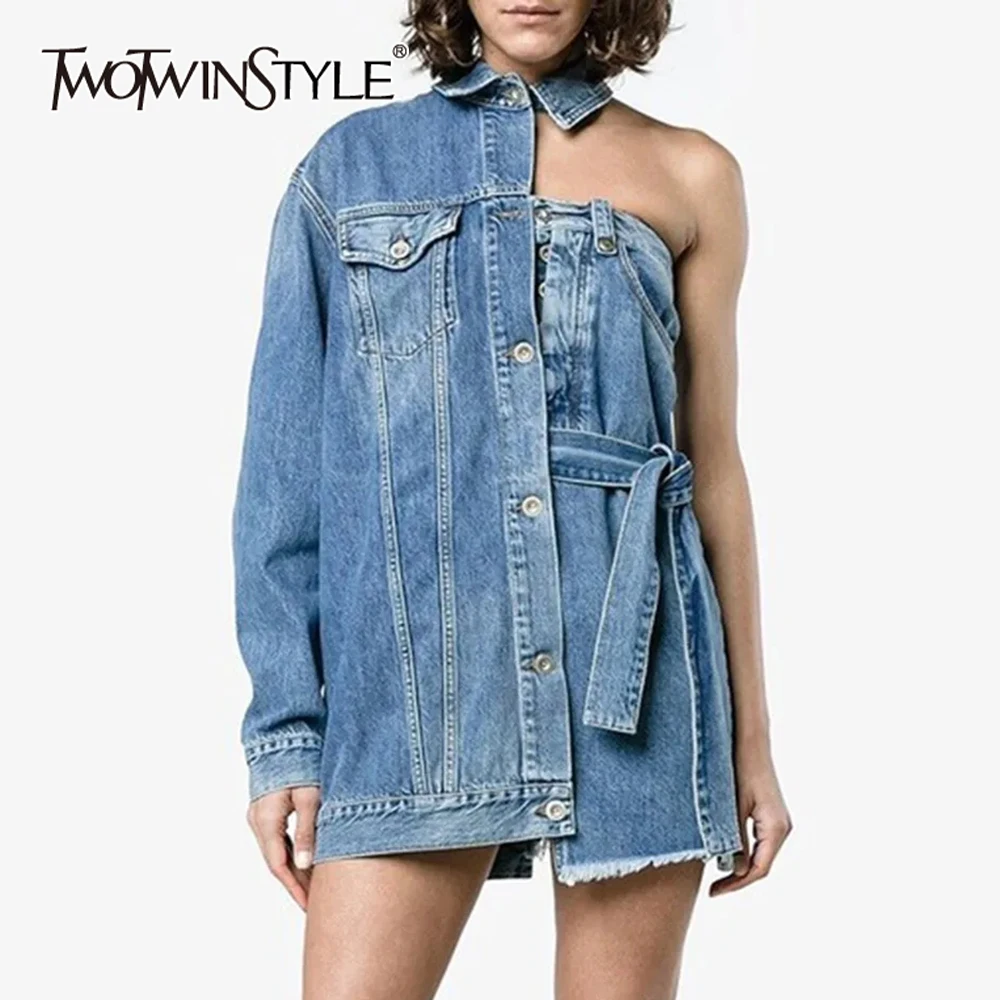 TWOTWINSTYLE Streetwear Patchwork Lace Up Denim Dress For Women Lapel One Shoulder Sleeve High Waist Designer Dresses Female New