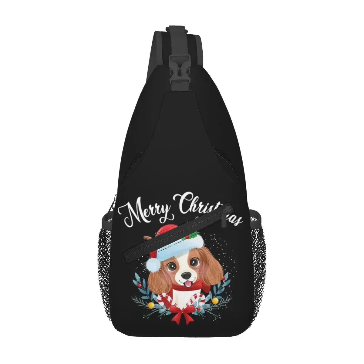 King Charles Spaniel Christmas Chest Bag Men Sling Crossbody Backpack Chest Bag Travel Hiking Daypack Shoulder Bag