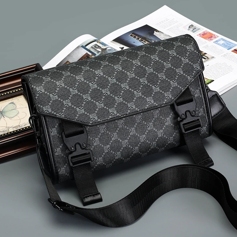 

Men's Classic Printed Crossbody Bag – Gray Geometric Pattern Sling Bag with Buckle Closure Ideal for Daily Commute & Casual Wear