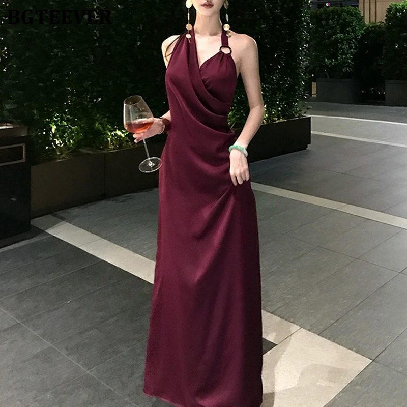 BGTEEVER, moda de verano, cintura delgada, paquete sin espalda, vestido de satén a la cadera para mujer, elegante vestido de fiesta sin mangas con cuello Halter