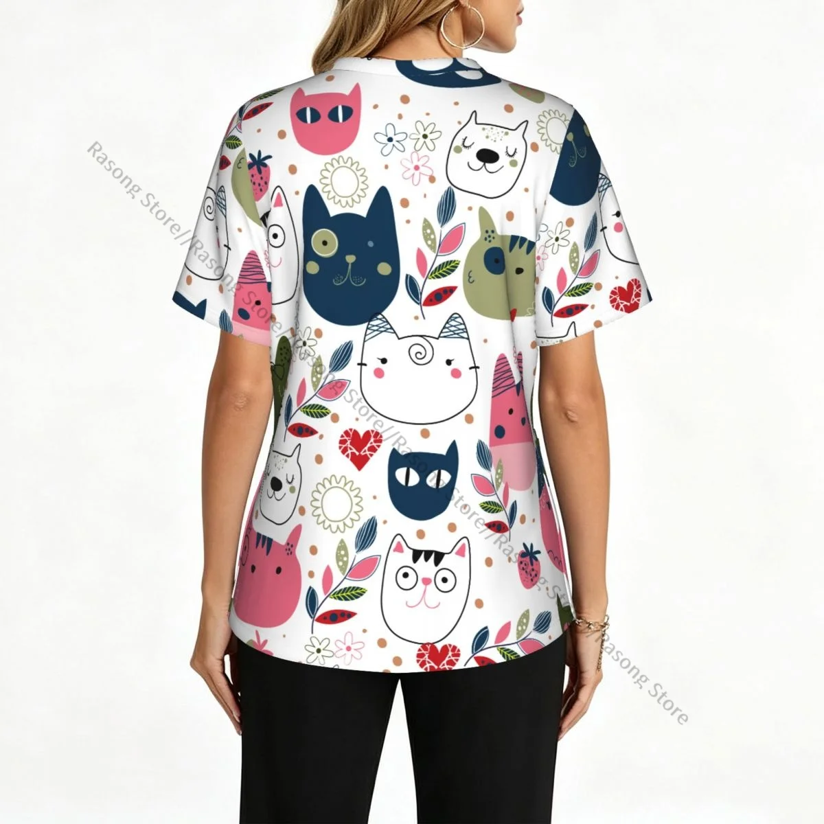 Cute Cat Heads Scrubs tops medical uniforms women V Neck Stretch Scrub Shirt Dentist doctor Blouse