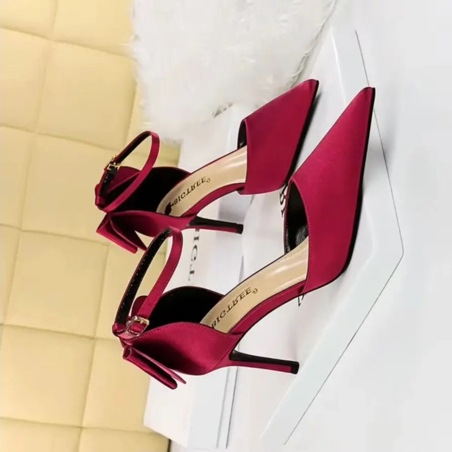 Women Summer 8cm 10cm High Heels Elegant Sandals Lady Silk Wedding Low Heels Butterfly Knot Bow Sandles Wine Red Bigtree Shoes
